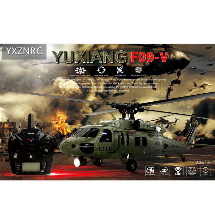 YXZNRC UH60 Black Hawk 1/47 Scale Dual Brushless Motor RC Helicopter with 6-axis Gyro 2.4G 6CH Flybarless 3D