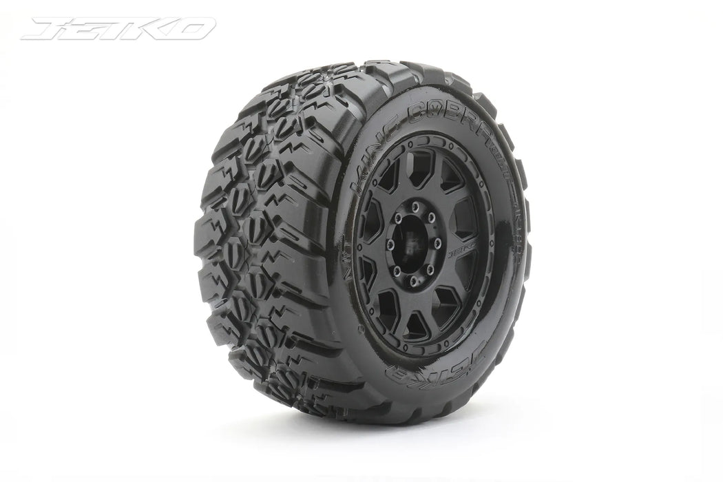 Jetko 1/8 Mt 3.8 Ex-King Cobra Tyres On Black Claw Rims w/ Medium Soft Inserts, 17mm, Narrow 2Pcs