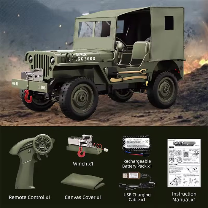 JJRC 1/10 Willys Jeep 4WD Military RC Crawler - Pro version with Canvas & Winch