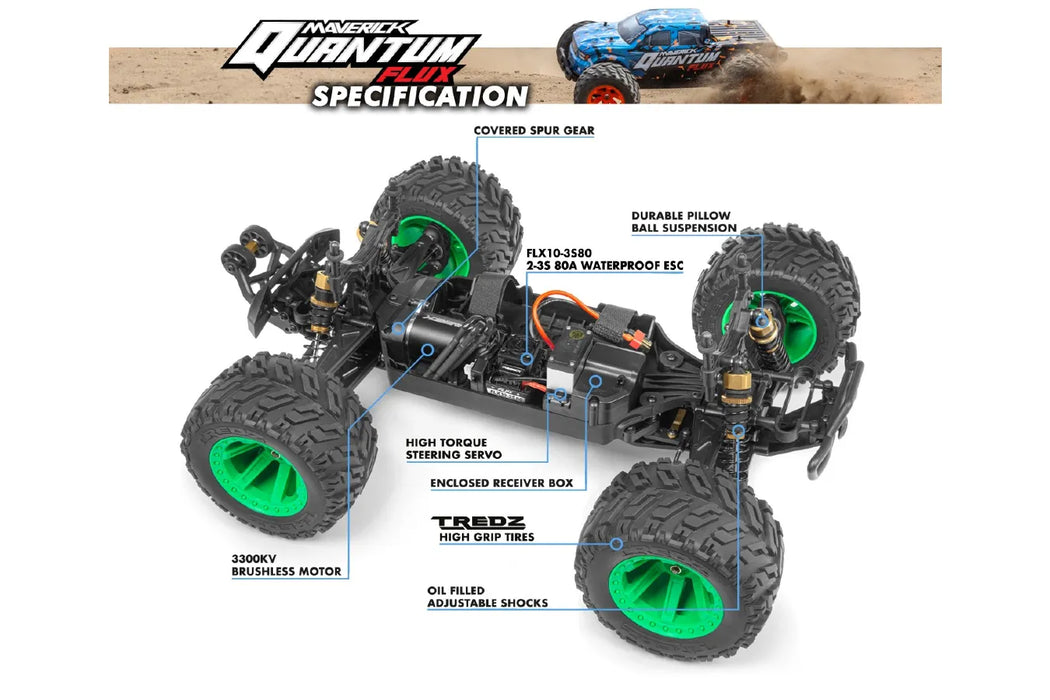 Maverick Quantum MT Flux 1/10 scale 4WD Electric Brushless Off Road RTR RC Monster Truck w/ Upgraded Parts