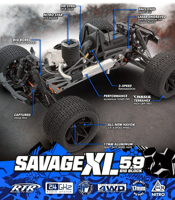 HPI 1/8 Savage XL 5.9 GTXL-6 - Nitro Monster Truck Blue with 3 Speed Gearbox (HPI-160586)