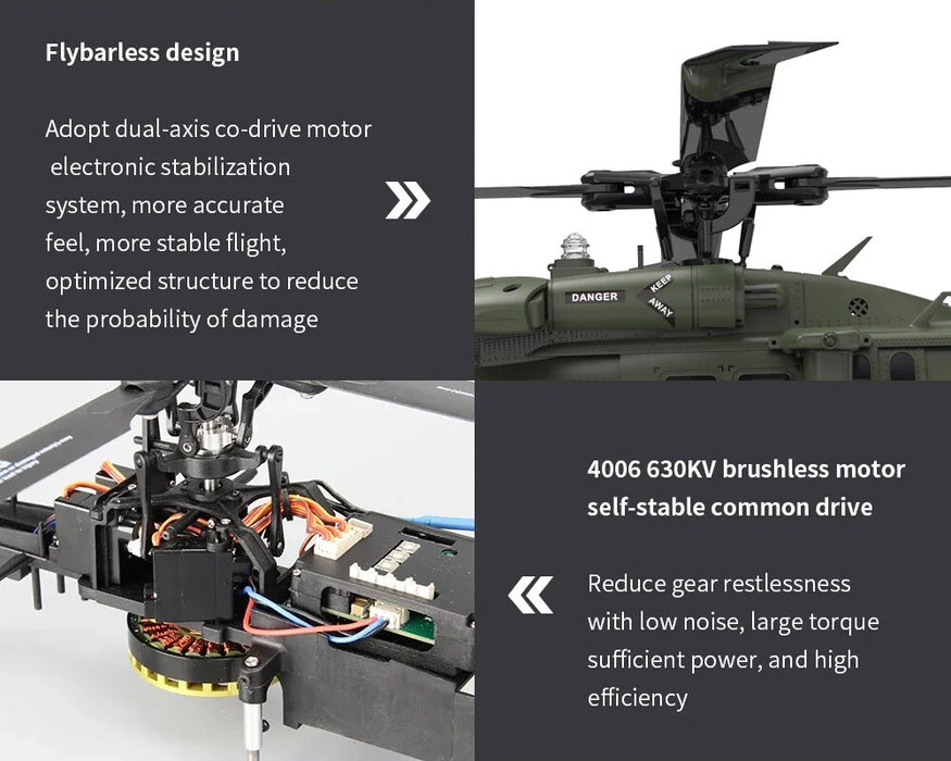 YXZNRC UH60 Black Hawk 1/47 Scale Dual Brushless Motor RC Helicopter with 6-axis Gyro 2.4G 6CH Flybarless 3D
